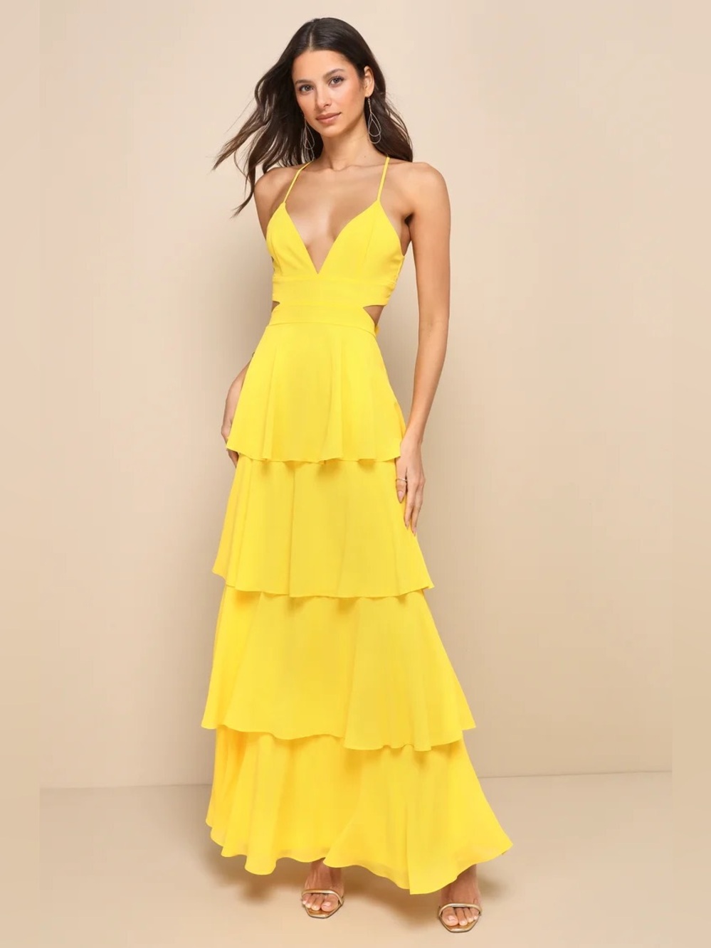 Lulu's Yellow Tiered Ruffled Prom Dress